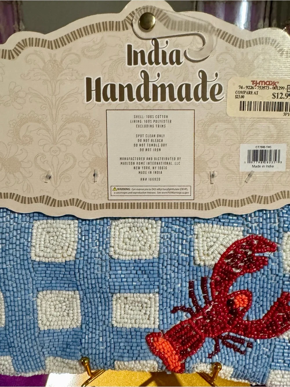 NWT Handcrafted in India Beaded Lobster Pouch Clutch